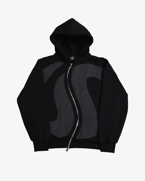 Black Curved Zipper Hoodie Flatlay