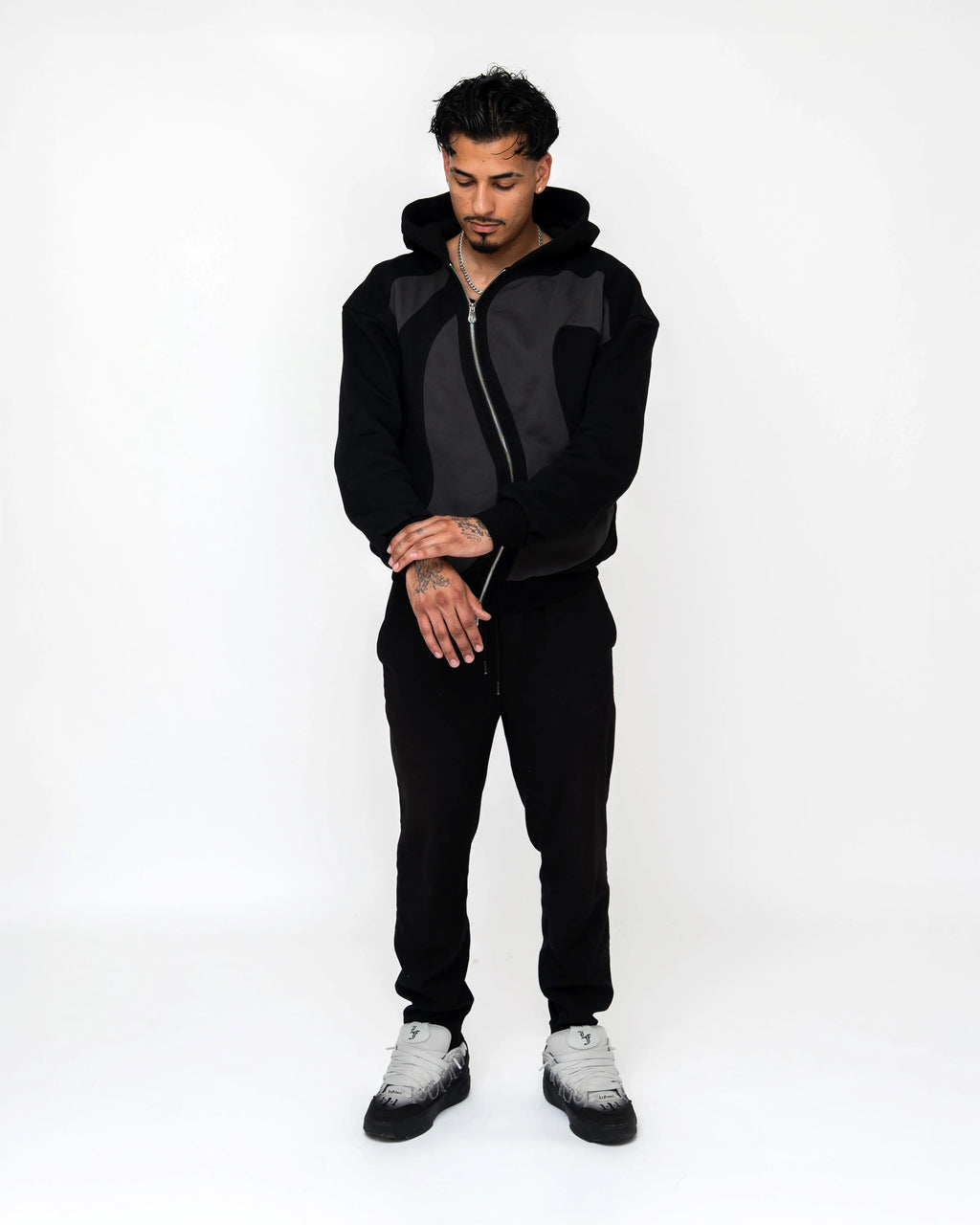 Black Curved Zipper Hoodie Model Medium Front