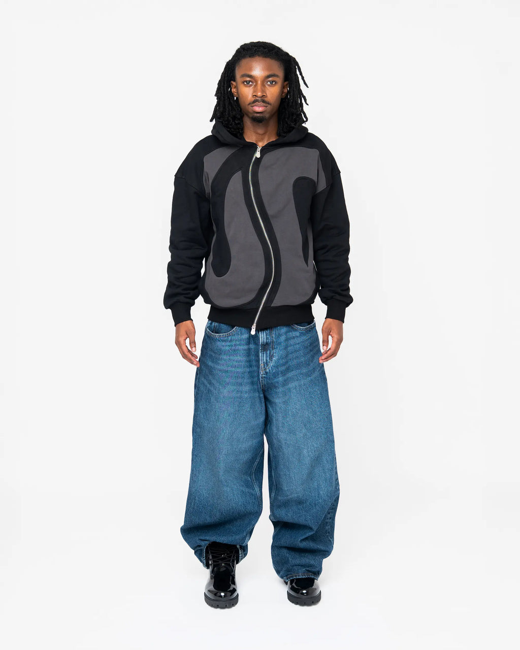 Black Curved Zipper Hoodie Model Small Front