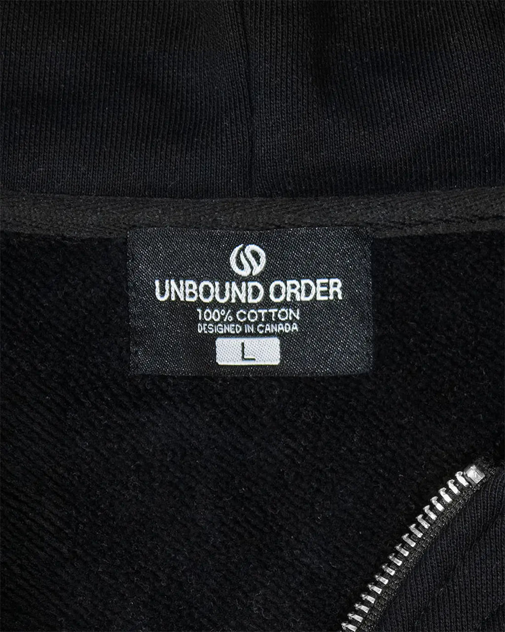 Unbound Order Black Curved Zipper Hoodie woven neck label