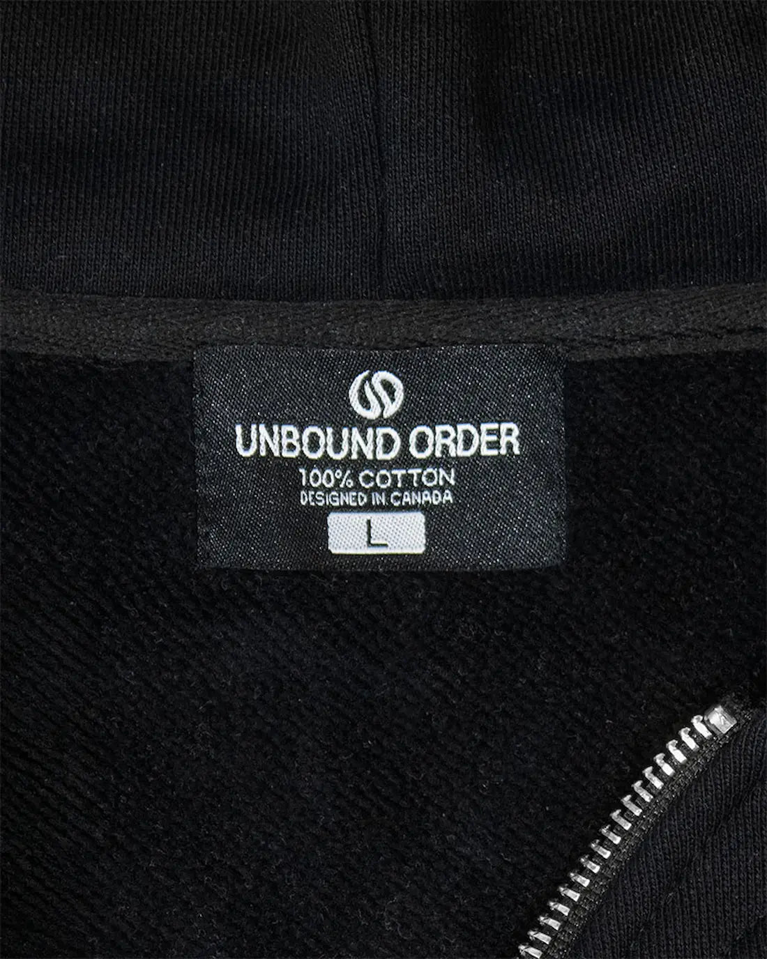 Unbound Order Black Curved Zipper Hoodie woven neck label