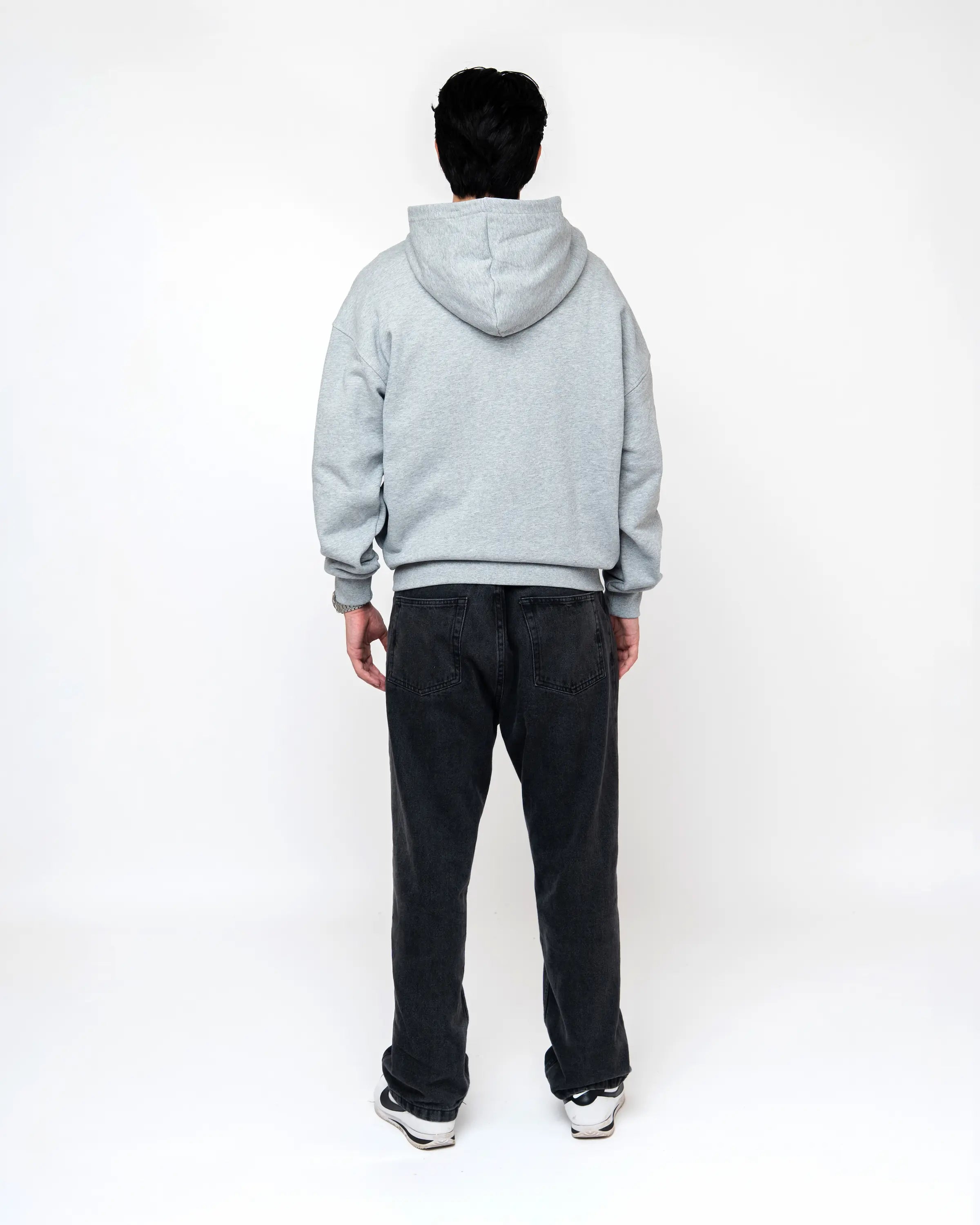 Gray Curved Zipper Hoodie Model Large Back