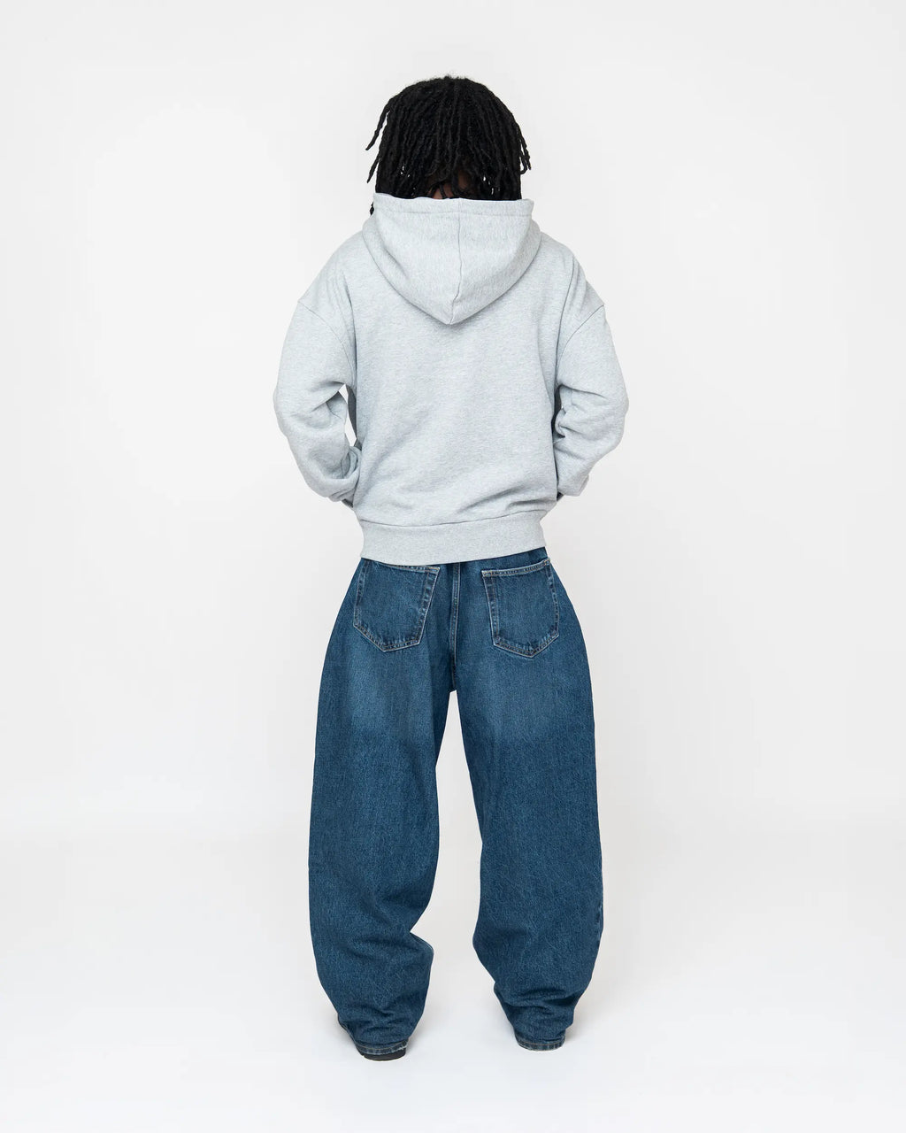 Gray Curved Zipper Hoodie Model Medium Back