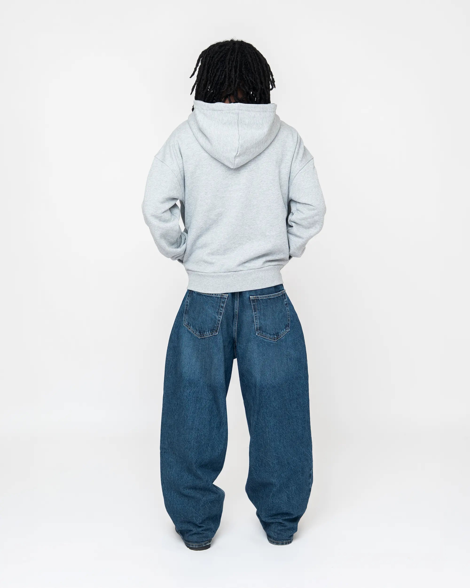 Gray Curved Zipper Hoodie Model Medium Back