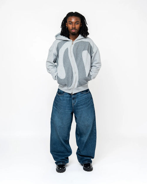 Gray Curved Zipper Hoodie Model Medium