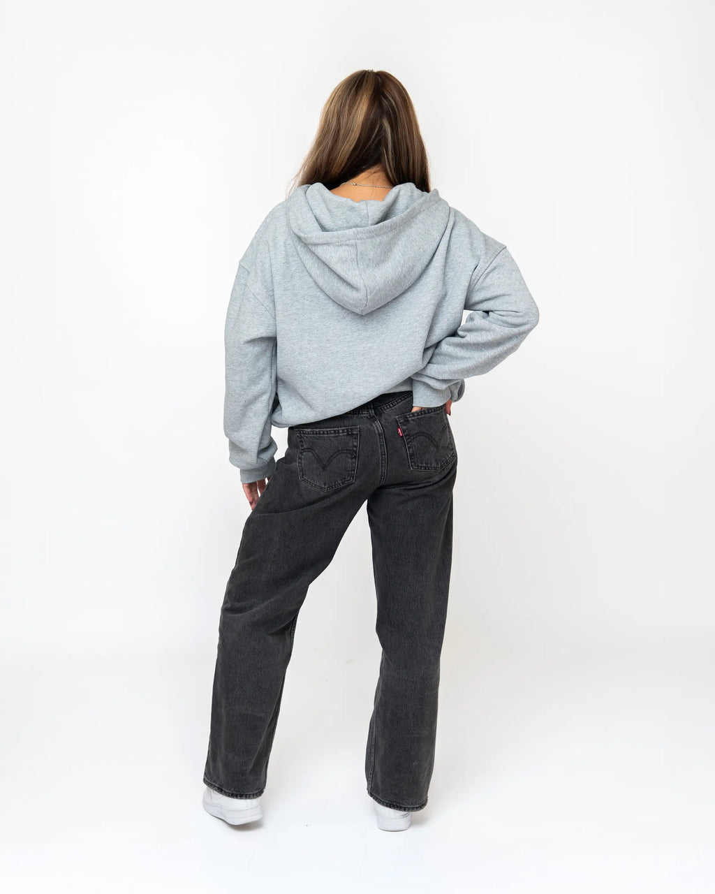 Gray Curved Zipper Hoodie Model Small Back