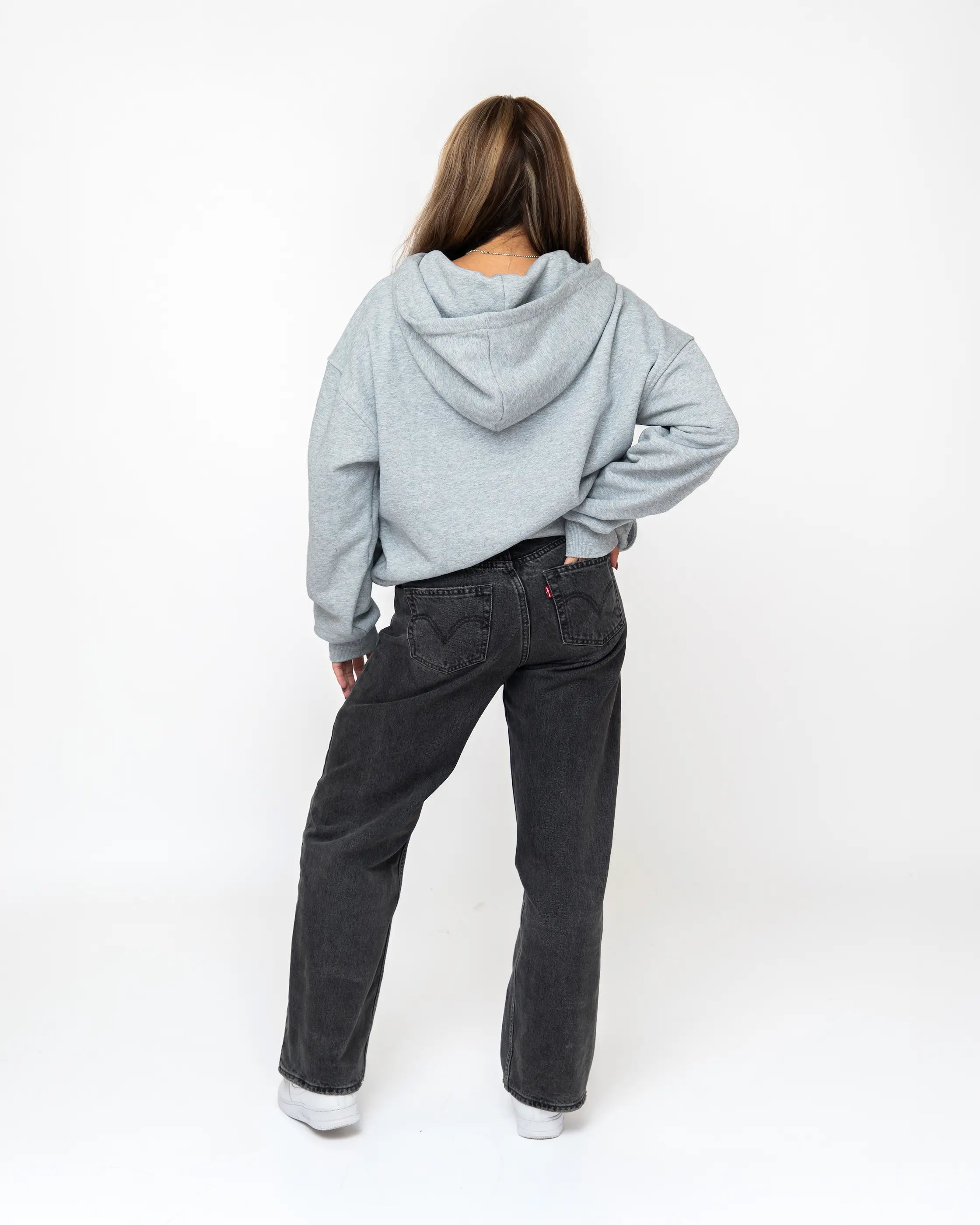 Gray Curved Zipper Hoodie Model Small Back