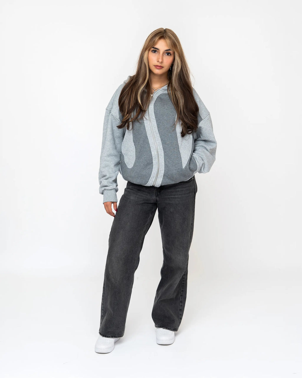 Gray Curved Zipper Hoodie ModGray Curved Zipper Hoodie Model Small Frontel Small