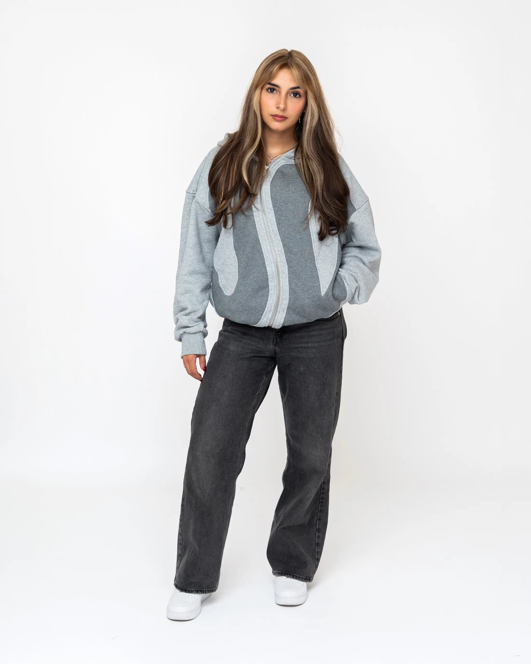 Gray Curved Zipper Hoodie ModGray Curved Zipper Hoodie Model Small Frontel Small